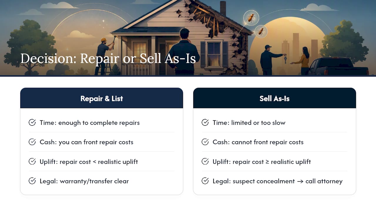 Three-factor termite sale decision framework