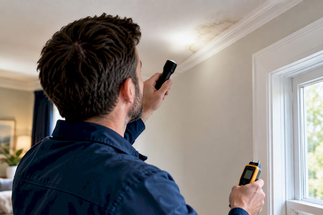 Inspector examining a ceiling water stain