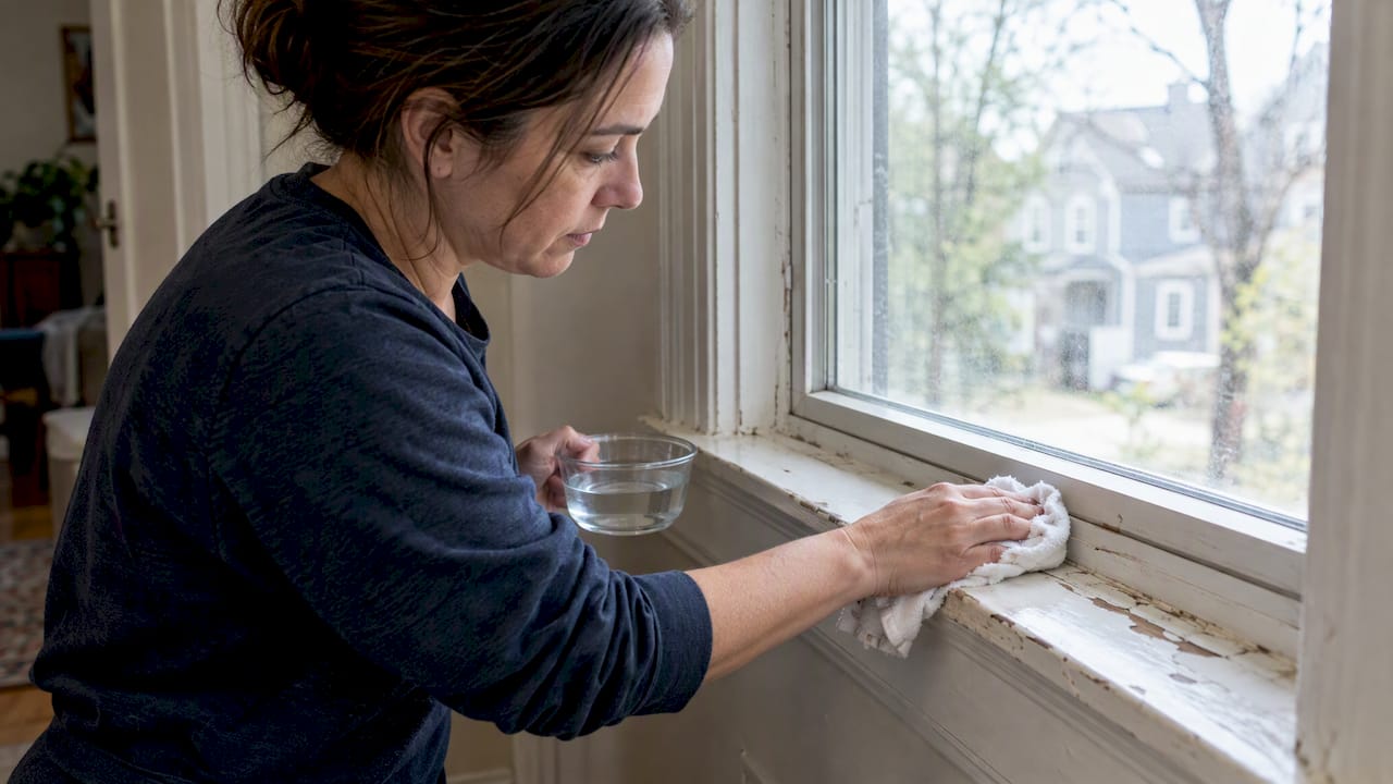 Homeowner wet-cleaning a chipped window trough