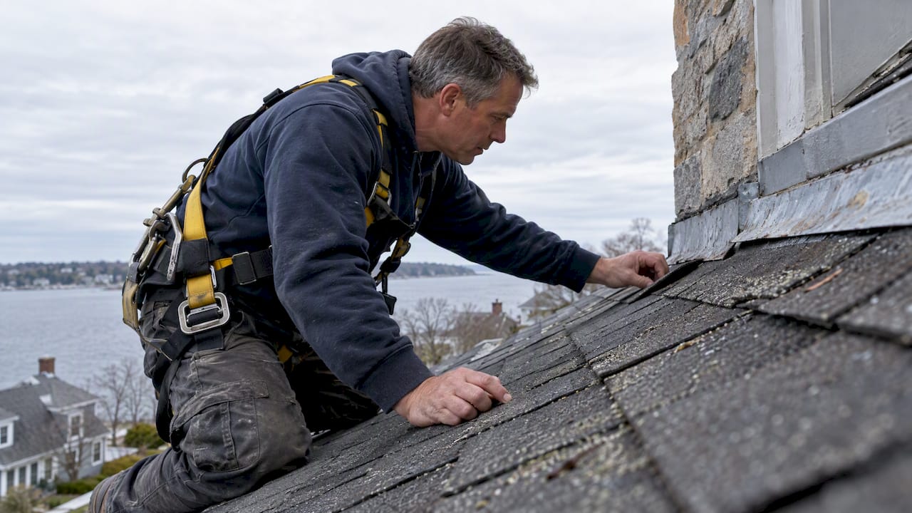 Contractor checks damaged shingles and roof flashing