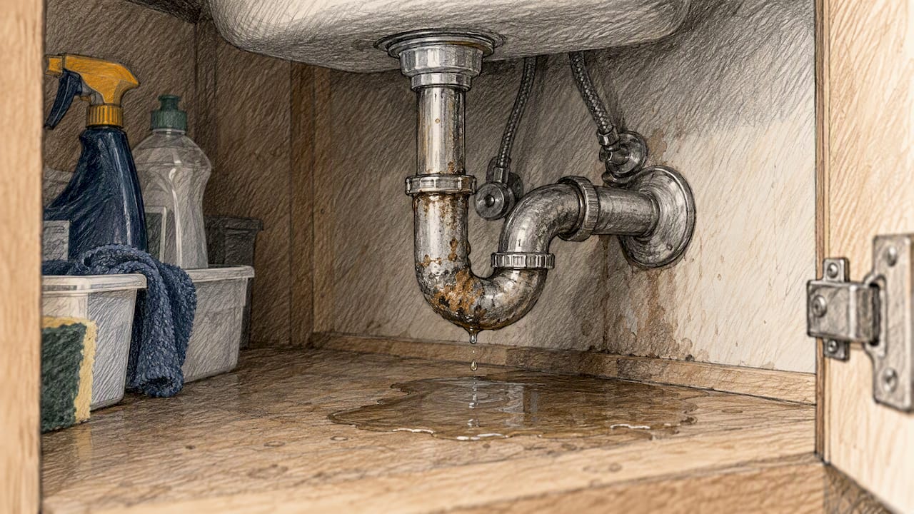 Leaking sink plumbing beneath a kitchen cabinet